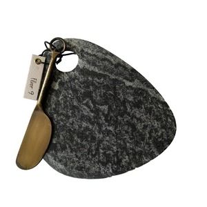 FLOOR 9 SMALL Gray MARBLE 7" cheese snack BOARD & brass metal SPREADER Knife New